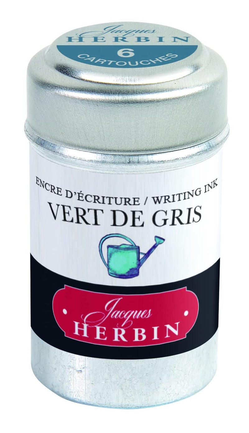 Jacques Herbin - Ref 20107T - Universal Writing Snap-In Ink Cartridges - Vert de Gris/Green-Grey - Cylindrical Metal Pot of 6 Cartridges - Grey-Coloured Ink - Image 1